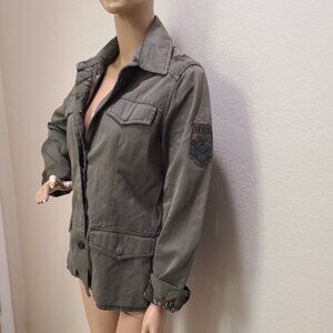 MISS LES COPAINS ARMY MILITARY UTILITY JACKET FLORAL ACCENTS sz 42